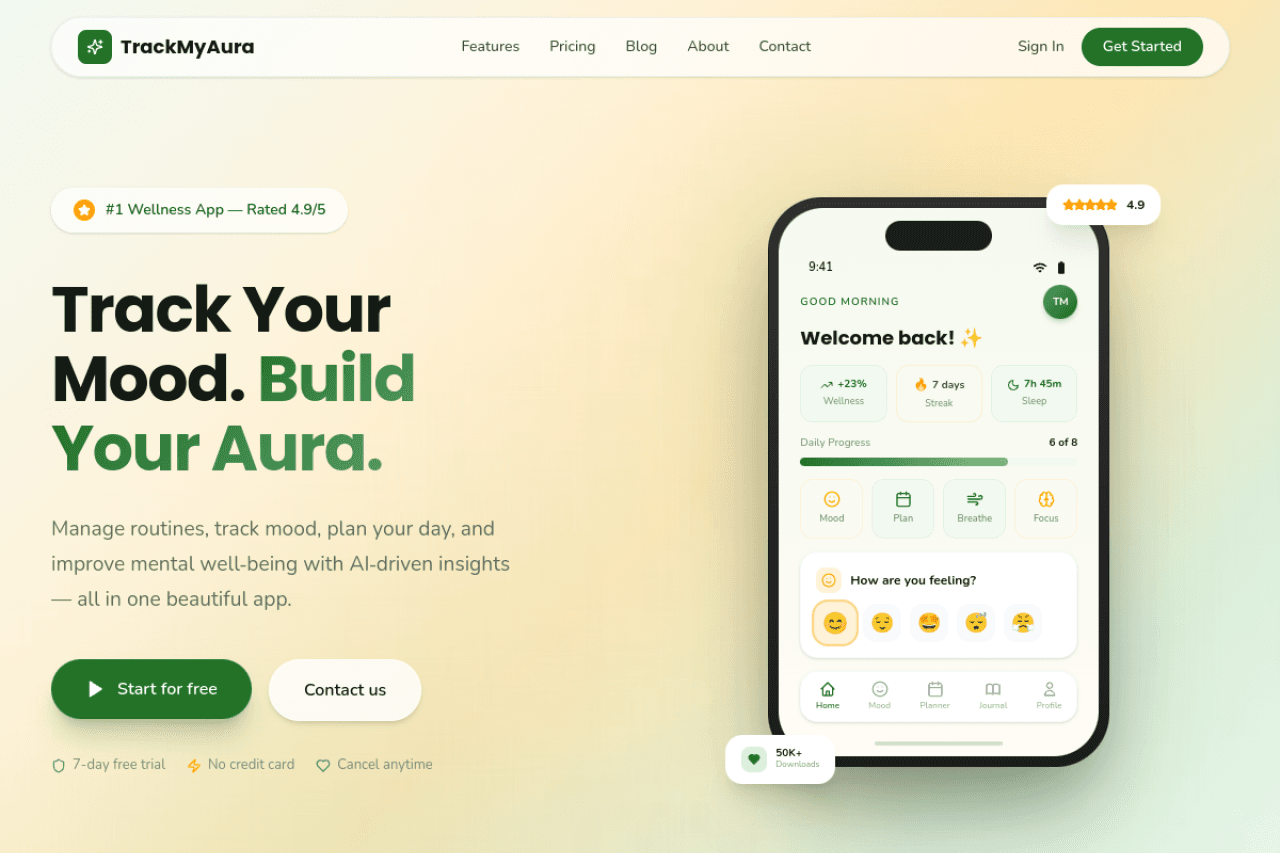TrackMyAura — Wellness App website built by Senithu Software Solutions